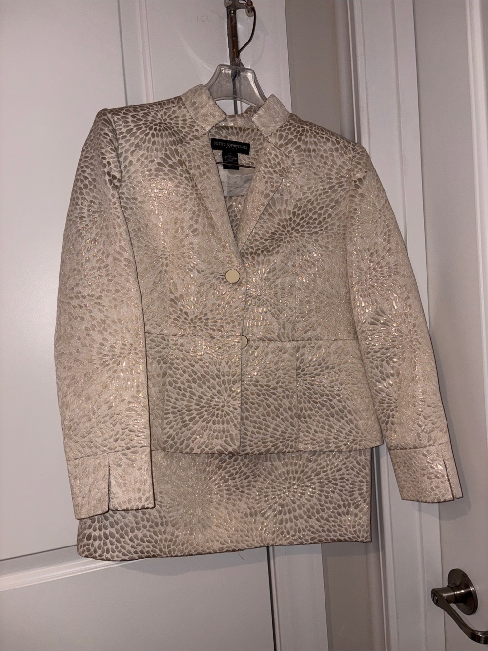 Petite Sophisticate Cream Metallic Floral-Texture Skirt Set
